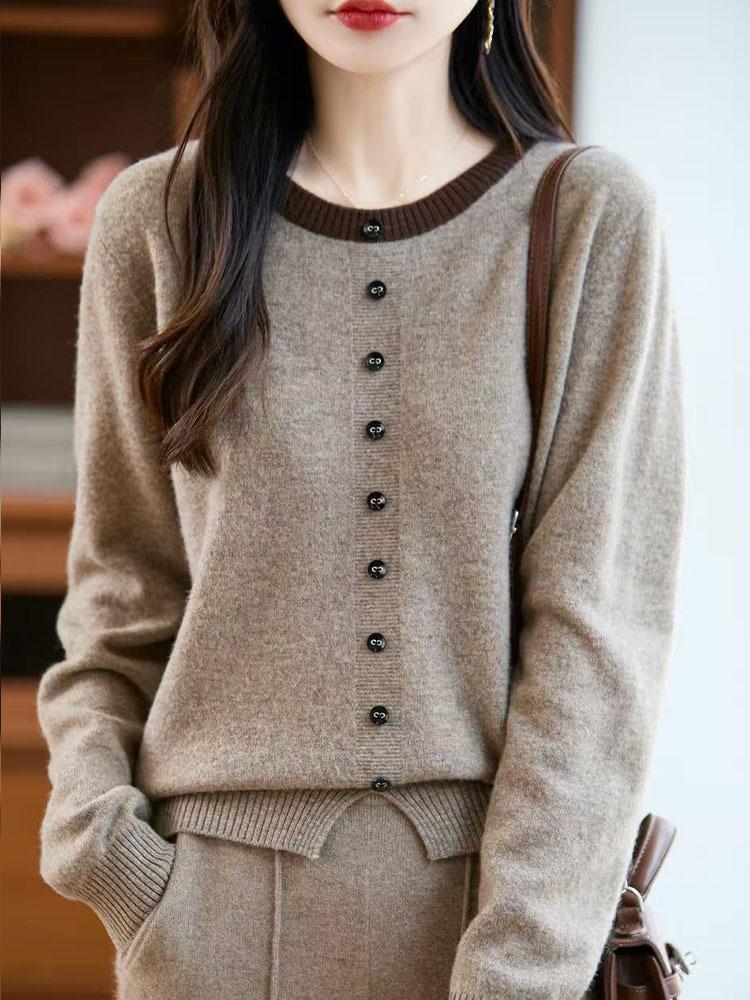 Women's Wool Color Block Round Neck Layered Pullover Sweater - 2025 Autumn/Winter Collection