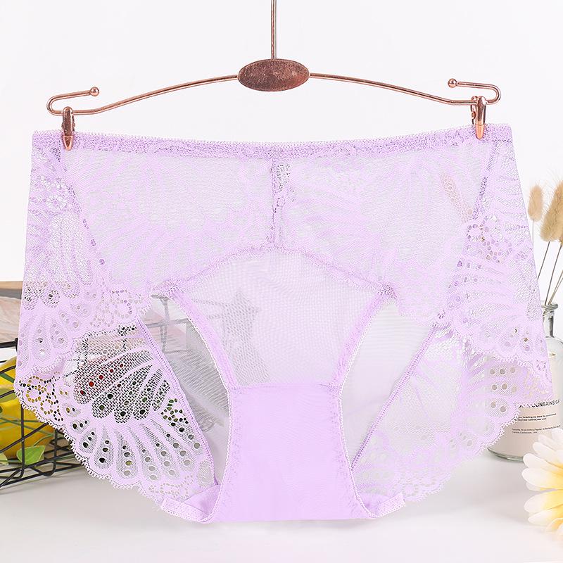 Damen Sexy Spitze Mid-Waist Transparent Panties, Nahtlos Übergröße, Reiner Baumwollzwickel, Dünner Stil Dreieck