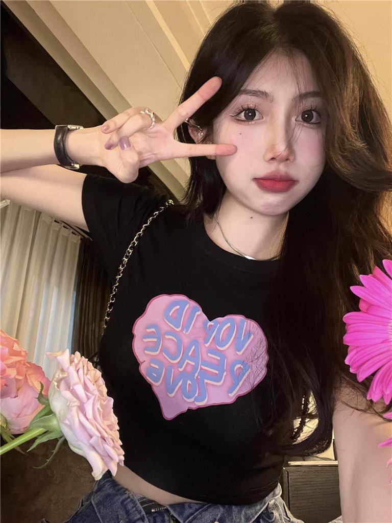Short Sleeve T-Shirt Women's Summer New Ins Trendy Sweet Spice Girl Printed Design Sense Short Slim Student Top