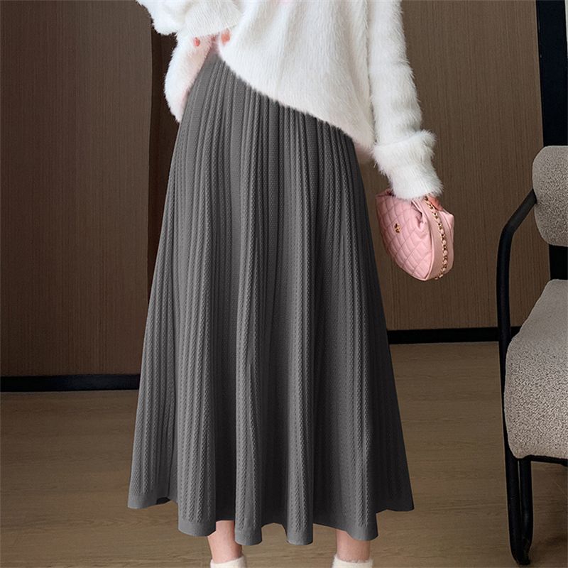 Dámská sladká pletená midi sukně snižující věk s vysokým pasem, slim-fit, rozšířená áčková linie, deštníková plisovaná vlněná sukně