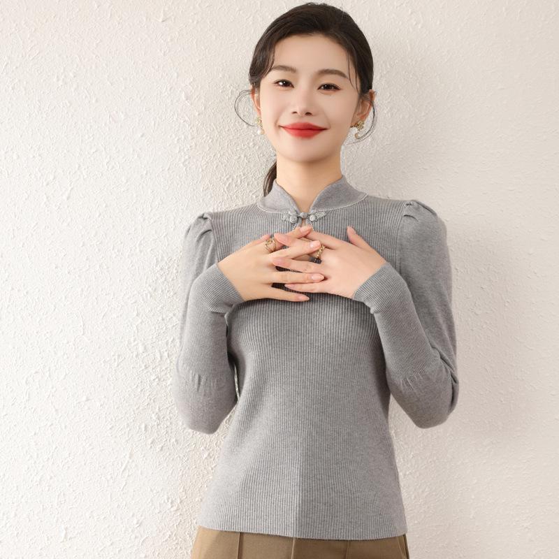 Women's Retro Qipao Collar Knitted Sweater with Frog Button Design, Slim Fit