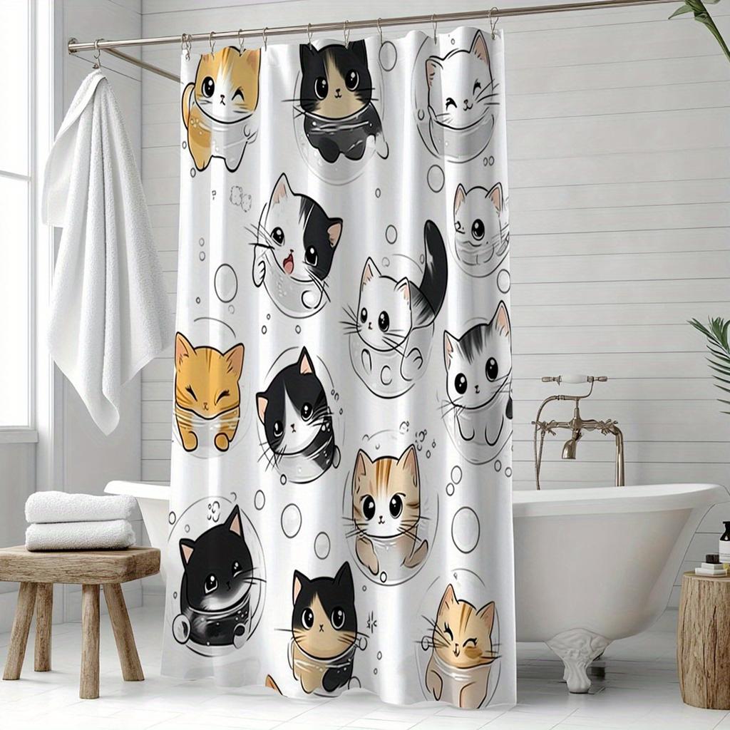 1 Pack Cartoon Cat Pattern Polyester Material Bathroom And Toilet Partition Curtain, Bathroom Divider Decorative Curtain