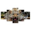 Leopard Blue Eyes Roaring Angry Animal 5 Piece Five Panel Wall Canvas Print Modern Art Poster Picture Home Decor Gift For Him For Her