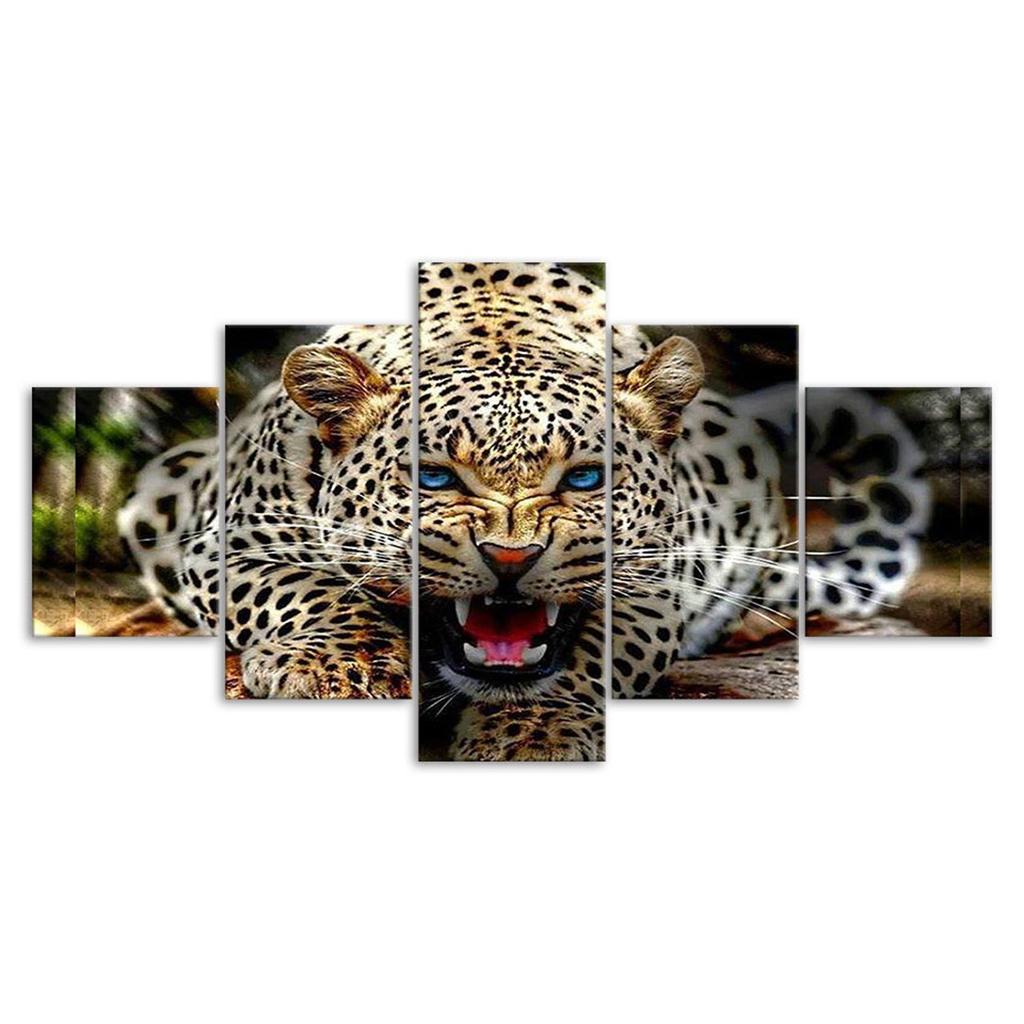 Leopard Blue Eyes Roaring Angry Animal 5 Piece Five Panel Wall Canvas Print Modern Art Poster Picture Home Decor Gift For Him For Her