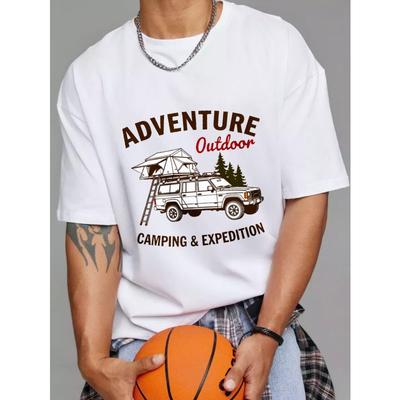 T-shirt Avventura Outdoor Campeggio Spedizione Bianca con Auto, Tenda sul Tetto e Stampa di Alberi per Attività all'Aperto