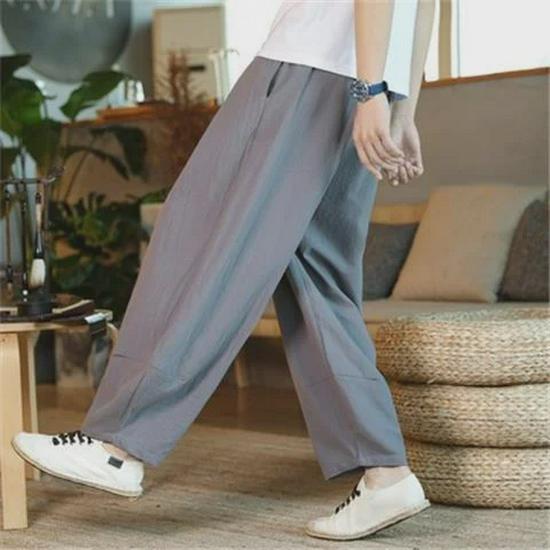 Men's Chinese-Style Loose Wide-Leg Cotton Linen Tai Chi Harem Pants 
