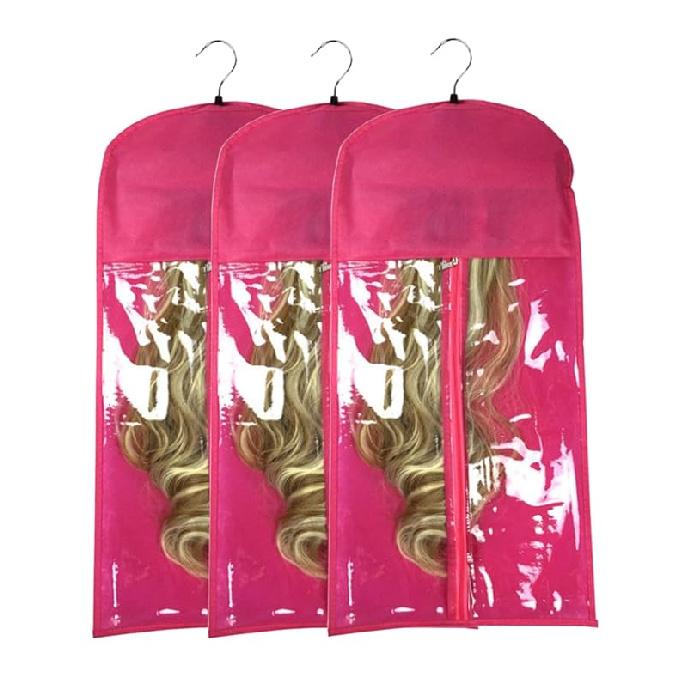 3 Pcs Hair Extension Storage Bag, Hair Extensions Holder with Hanger, 11.4 * 23.6 inches, Portable Wig Bags Storage with Transparent Zipper Closure