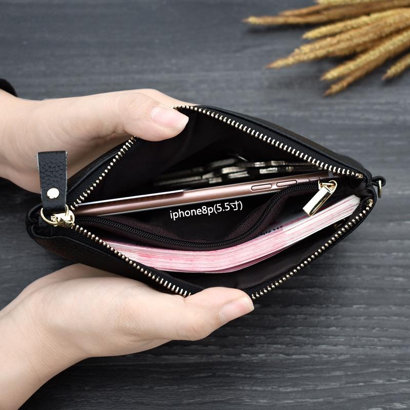 Simple Style High Capacity Womens Genuine Leather Phone Holder Long Purse Zipper Clutches HandBag with Wrist Strap