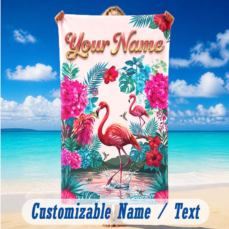 Floral Garden Theme Beach Towel Personalized Custom Name & Text Soft Quick Dry Beach Towel for Swimming Travel