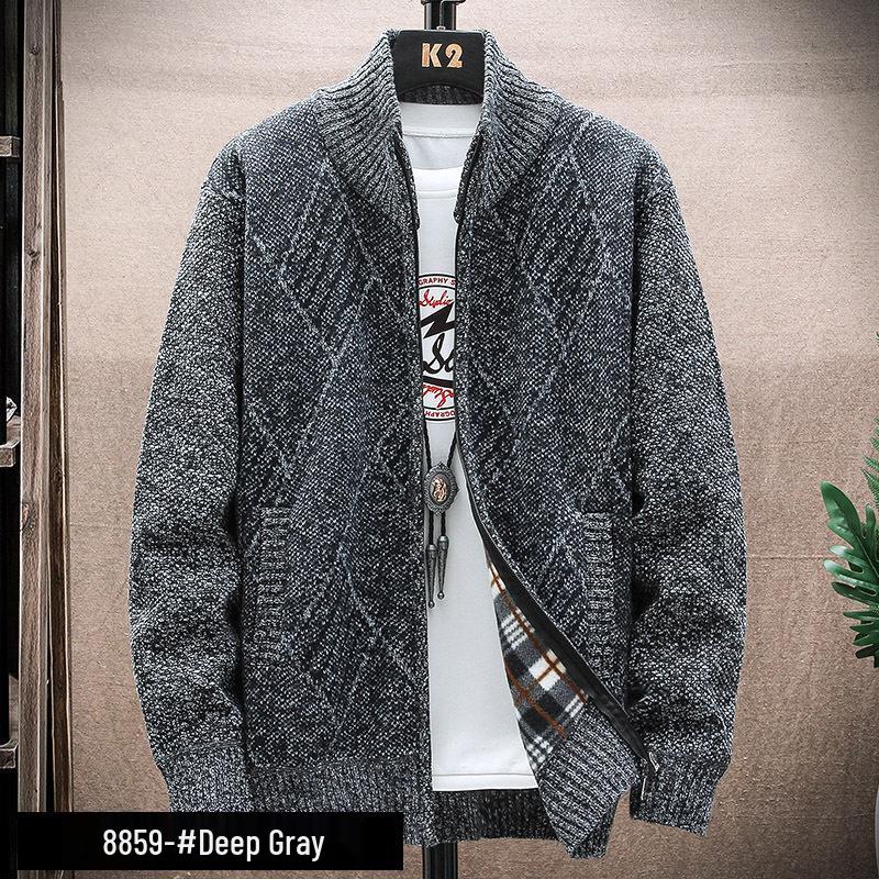 

Men s Striped Thick Velvet Stand Collar Knit Cardigan - Trendy Autumn/Winter Sweater Jacket XL темно-сірий