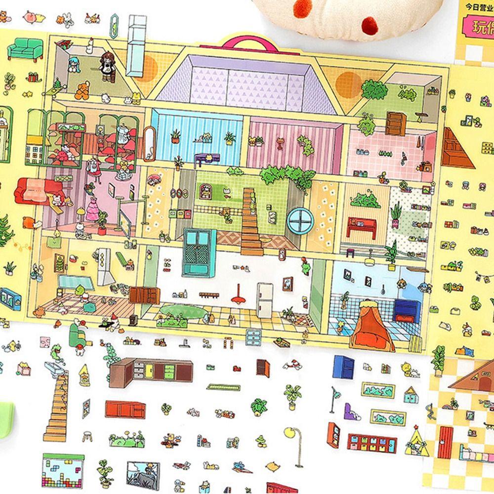 Kawaii 2,5D Landschaftsaufkleber Mehrfarbiges Cartoon-Muster Szenenaufkleber Wohnung Rosa Hotel-Landschaftsaufkleber-Set