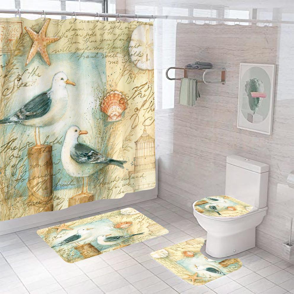 Bathroom Shower Curtain Four-piece Digital Printing Beach Shell Waterproof Shower Curtain Shower Curtain Partition Curtain Bath Mat