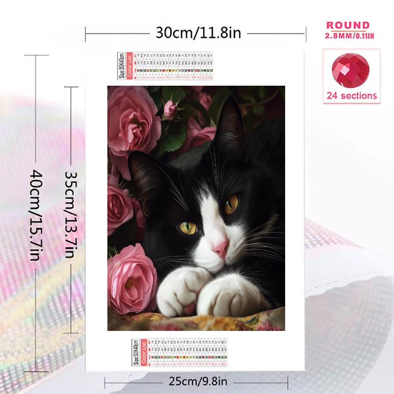 Tuxedo cat and flowers Pattern 3pcs 100% Round Full Drill 5D DIY Diamond Painting Embroidery Cross Stitch Rhinestone Décor