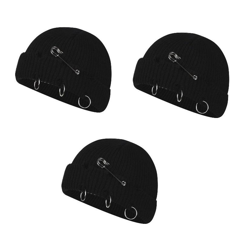 Women Girls Y2k Gothic Beanie Winter Knit Hats Trendy Metal Rings Pin Hip Hop Streetwear Harajuku Skull Cap Emo Scene Grunge