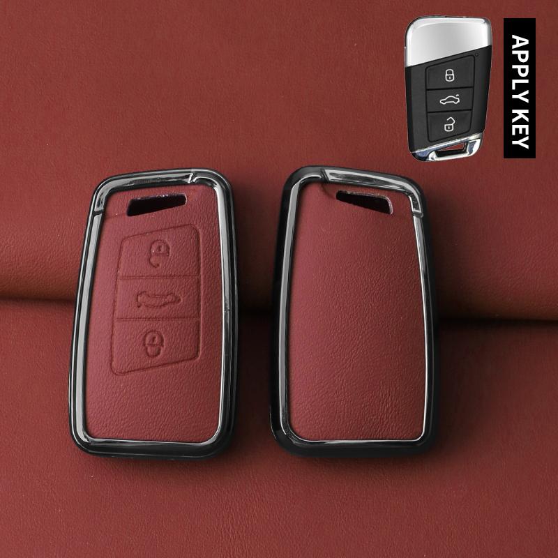 Metal Genuine Leather Auto Key Fob Cover Case Housing Fit For Vw Volkseagen Passat B8 Magotan Fit For Skoda Superb A7 Kodiaq Seat Key Ring Auto
