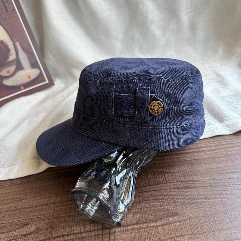 Fashion Hat Korean version button retro black flat top cap women's literary niche casual versatile face small equestrian hat tide