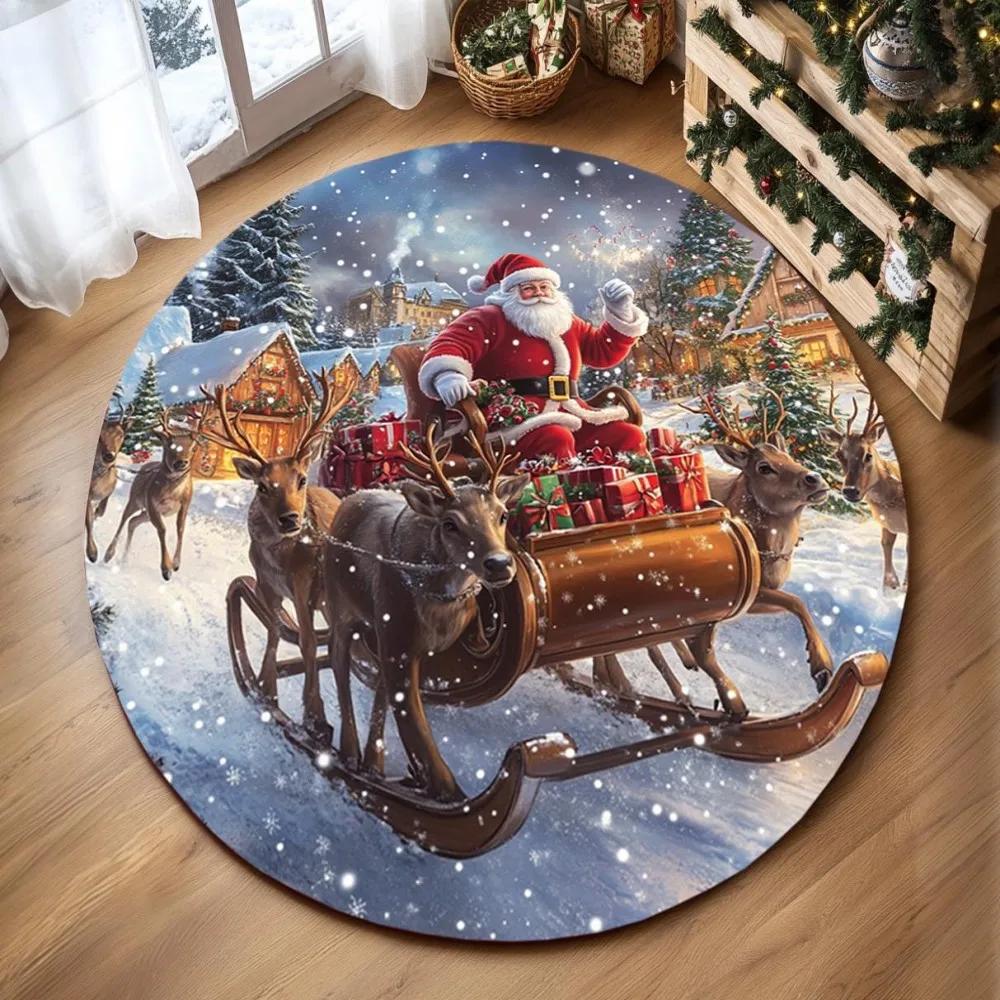 Cute Santa Claus Round Bath Mat for Kids Bathroom Decor Plush Soft Floor Rug for Nursery Bathroom