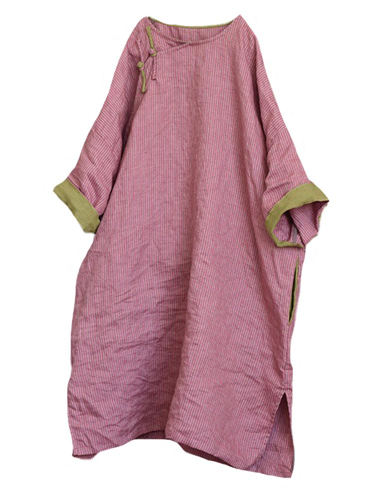 

Johnature женские рубашки в китайском стиле, летние льняные полосатые винтажные свободные рубашки с короткими рукавами, женские блузки на пуговицах One Size розовый