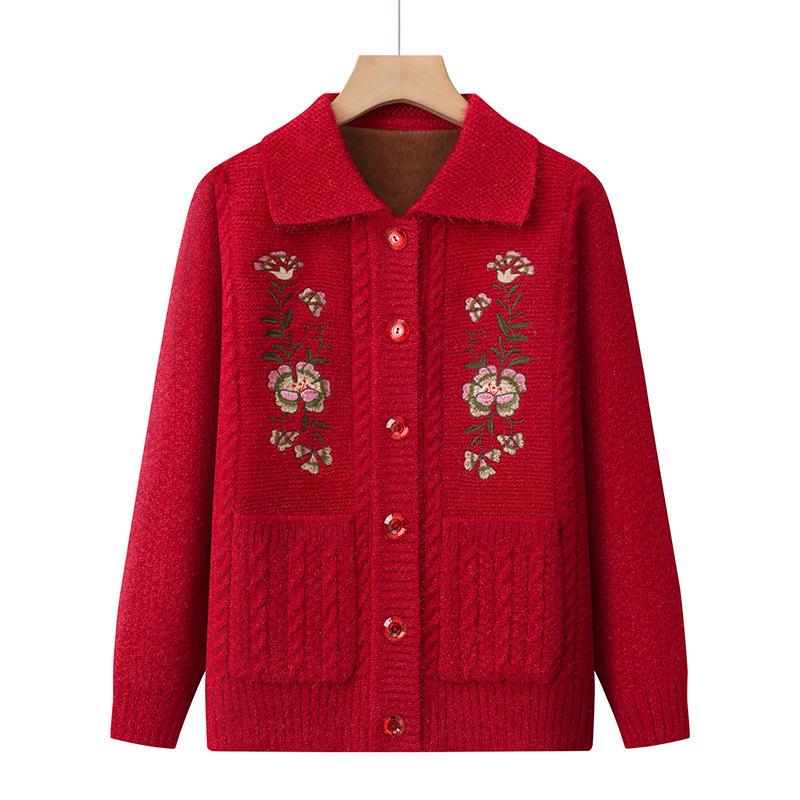 Dicker Strick-Cardigan für ältere Frauen: Oma-Stil, Pullover mit Kragen für Herbst und Winter.