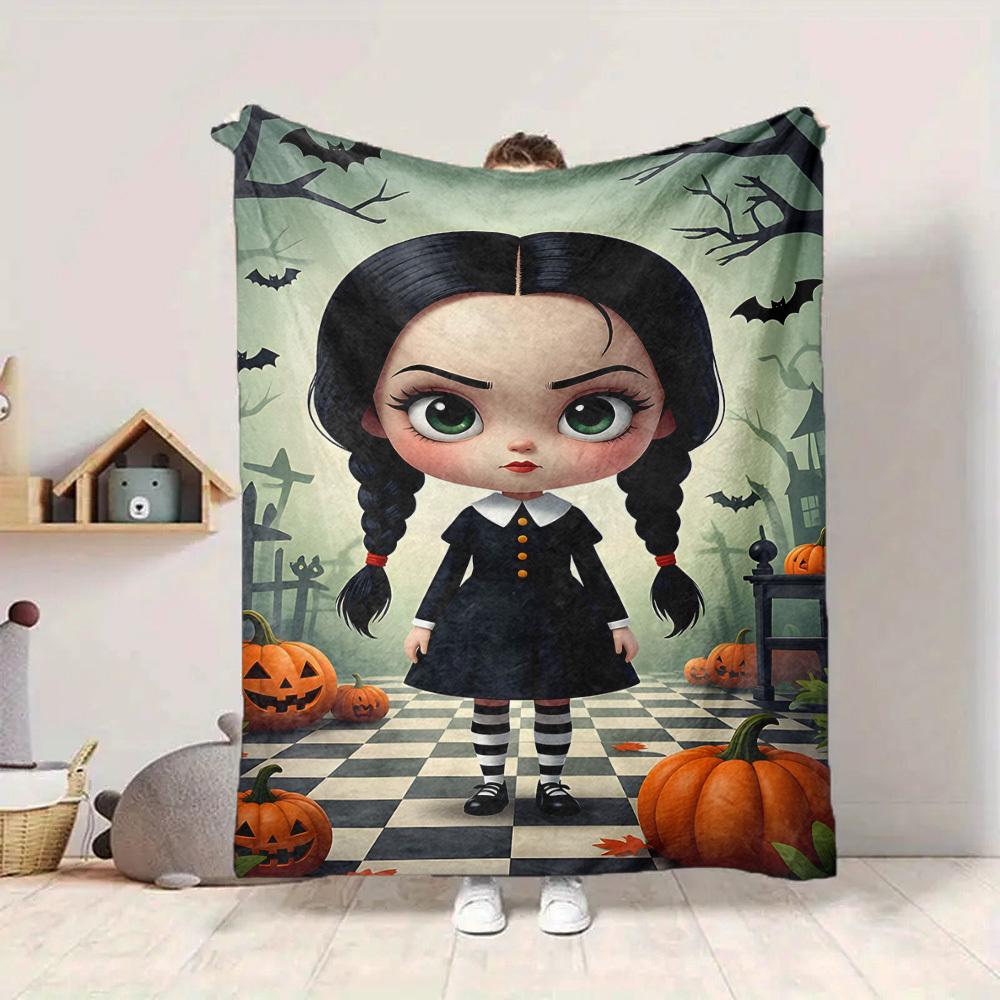1pc Halloween, Wednesday Blanket Lightweight Flannel Blanket Throw Blanket For Sofa, Bed, Travel, Camping, Livingroom, Office, Couch