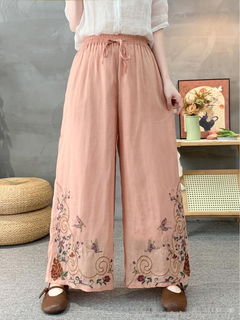 2026 Spring Women's Linen Embroidered Pants - Elastic Waist, Straight Leg, Casual and Versatile.