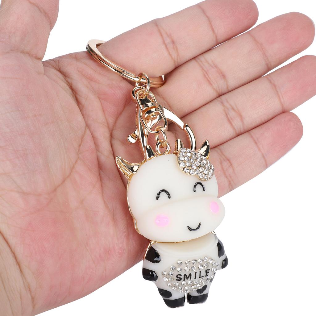 2Pcs Keychain Pendant Cartoon DiamondStudded Resin Small Cow Shape Metal Key   Decoration(White )