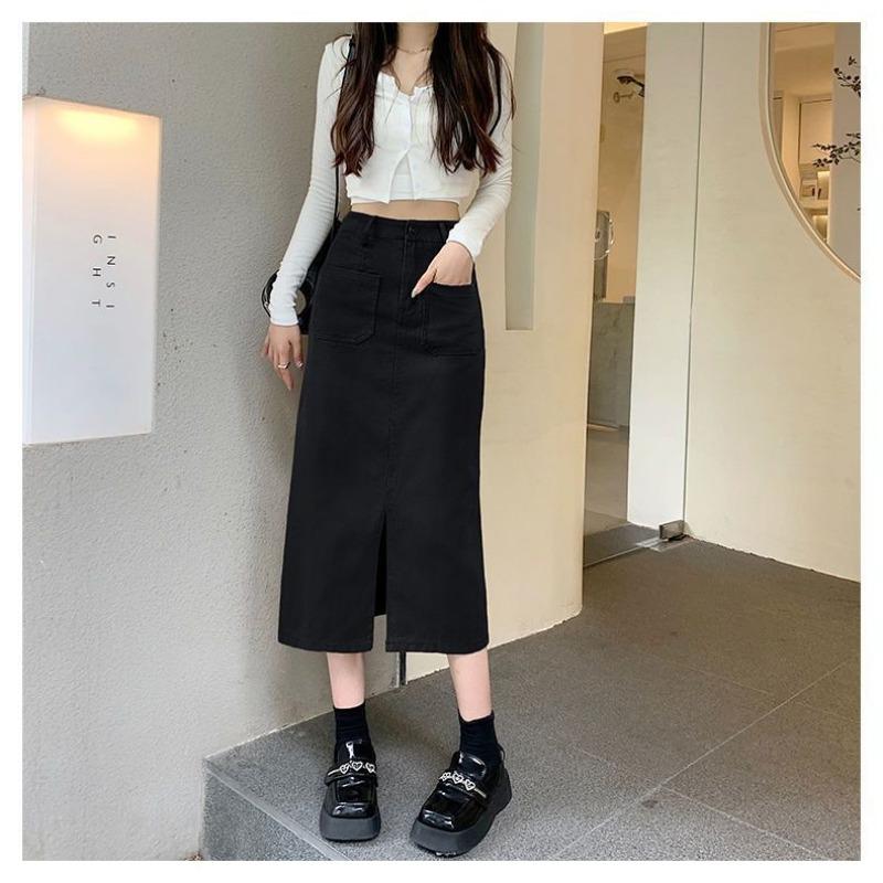 

Корейская мода Летние женские джинсовые юбки Однотонные Карманы Молния Разрез Молодежный стиль Повседневная Приталенная Миди Джинсовая юбка-карандаш M чёрный