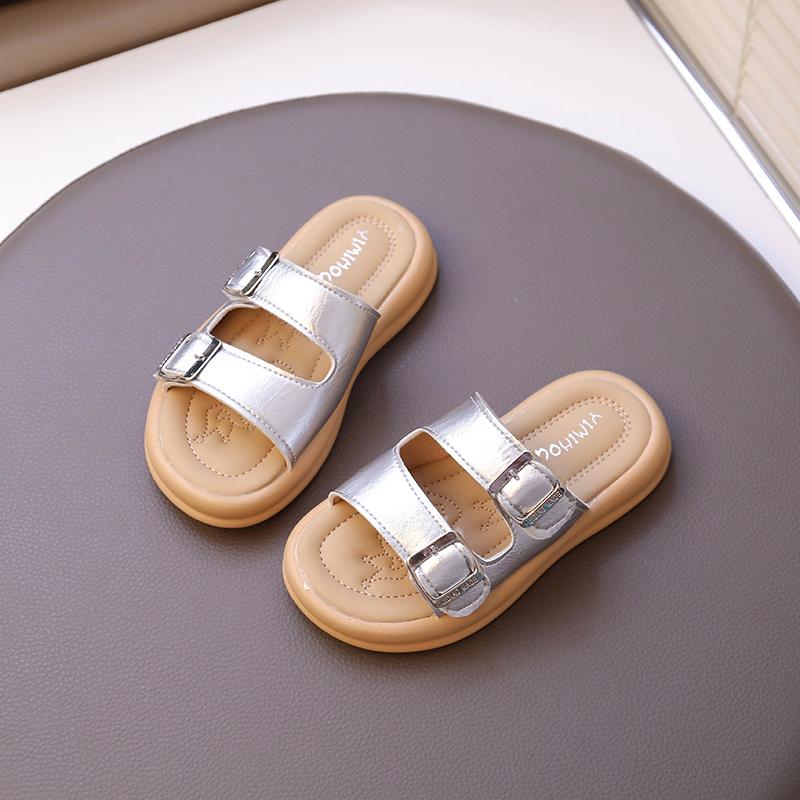 

Детские тапочки для улицы Ретро Детская пляжная обувь Мягкая подошва Корейский стиль 2025 Лето Новые Сандалии для девочек Элегантный шик Милый шик 26 серебряный