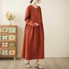 Spring Cotton and Linen Long-sleeved Dress Literary National Style Washed Lace-up Thin Brick Red Women's Dress