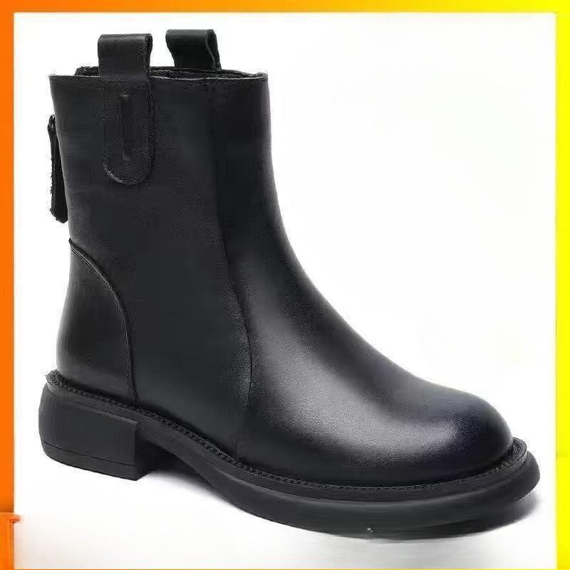 Soft Leather Shoes, Short Boots, Women's New Low-heeled Leather Boots, Retro Back Zipper Boots