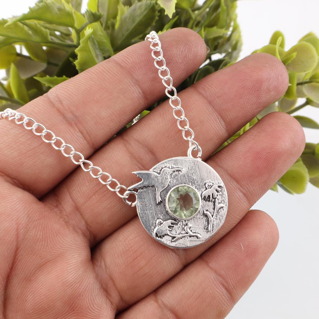 Green Amethyst Gemstone Pendant, 925 Solid Sterling Silver Pendant, Handmade Antique Jewelry, Gift For Mother Day