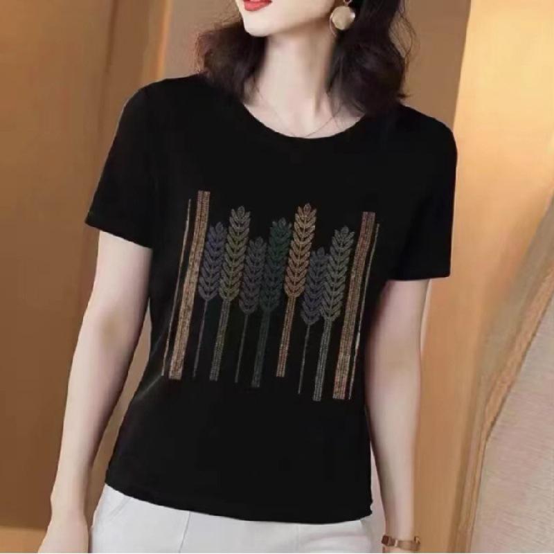 

Весенне-летняя черная футболка для женщин, людей среднего и пожилого возраста с круглым вырезом, простая рубашка с короткими рукавами и узором «железо» для мам большого размера 6XL