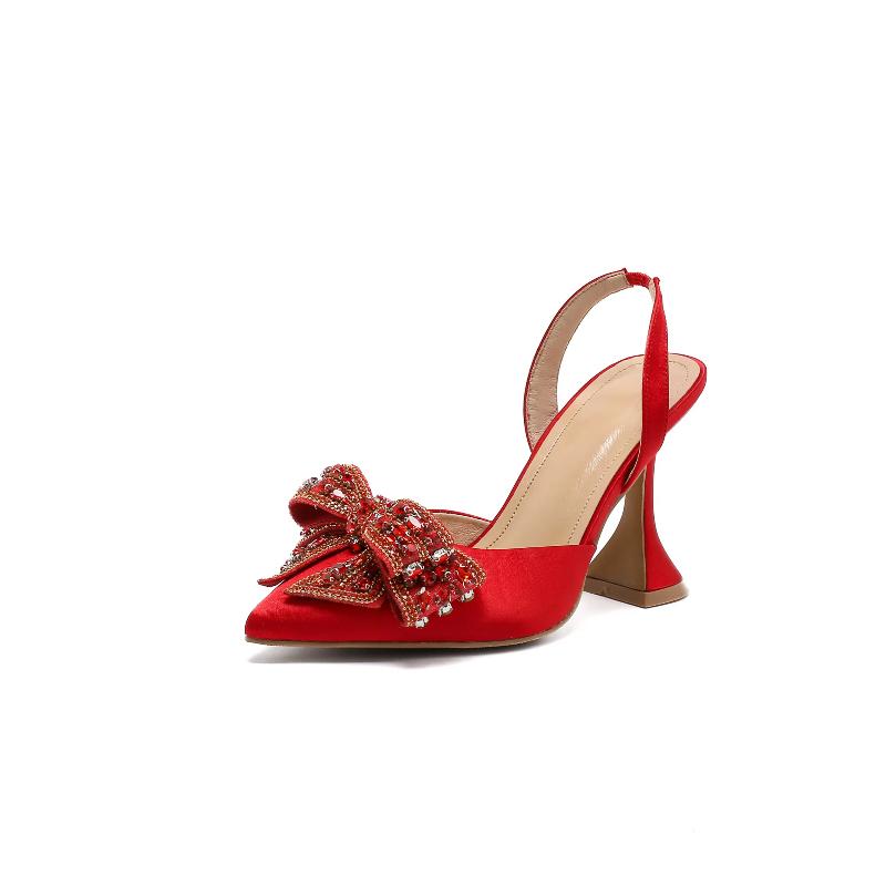 Spring And Summer Women's High Heels Pointed Wine Glass Heels Sexy All-match Banquet Bowknot Sandals With Empty Back Shoes