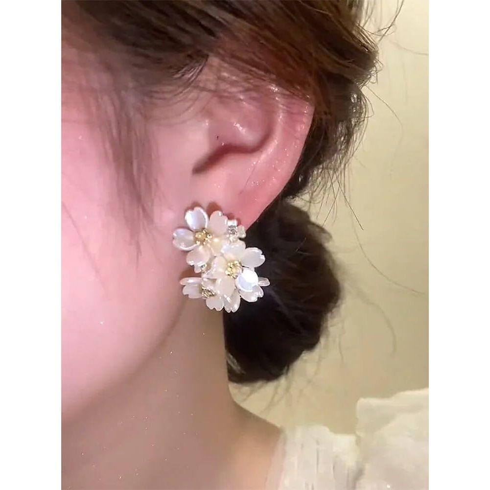 Latest Sweet Romantic Elegant White Flower Hoop Earrings | Stylish Shell Resin Delicate Pearl Flower Zircon Earrings | Trendy Versatile Jewellery