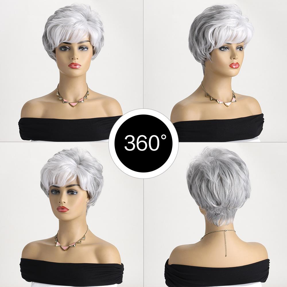 Short Grey Silver Wigs for White Women Natural Layered Pixie Cut Wigs with Bangs Synthetic Short Gray Hair Wig for Older Women