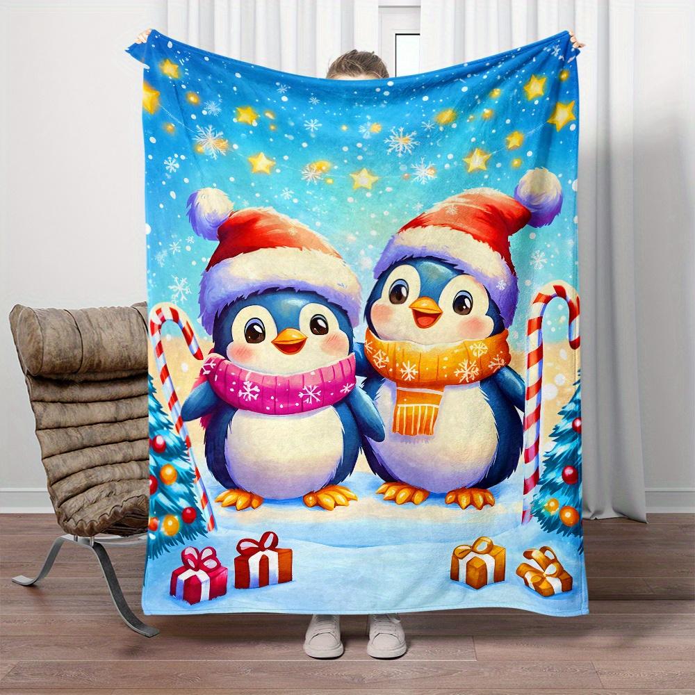 Christmas Penguin Flannel Blanket Festive Holiday Gift Snowflake Stars Candy Cane Winter Cozy Soft Blanket Kids Room Decor