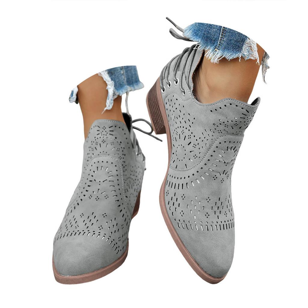 Women'S Boots & Booties Wedge Women'S Fashion Hollow Out Single Shoes Western Lace Up Chunky Heel Casual Shoes Botas De Mujer