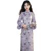 2024 Autumn/Winter Purple Stand-up Collar Qipao Dress with Fleece Lining and Mesh Print