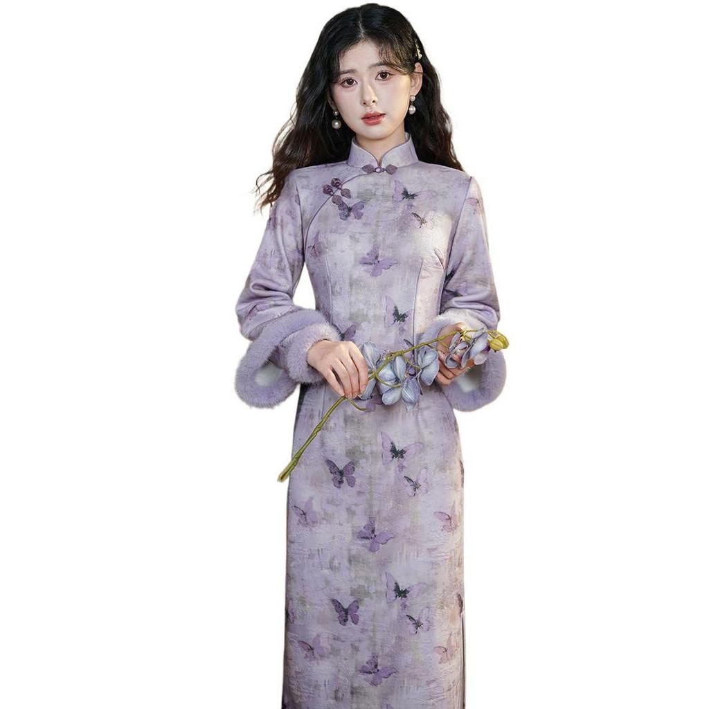 2024 Autumn/Winter Purple Stand-up Collar Qipao Dress with Fleece Lining and Mesh Print