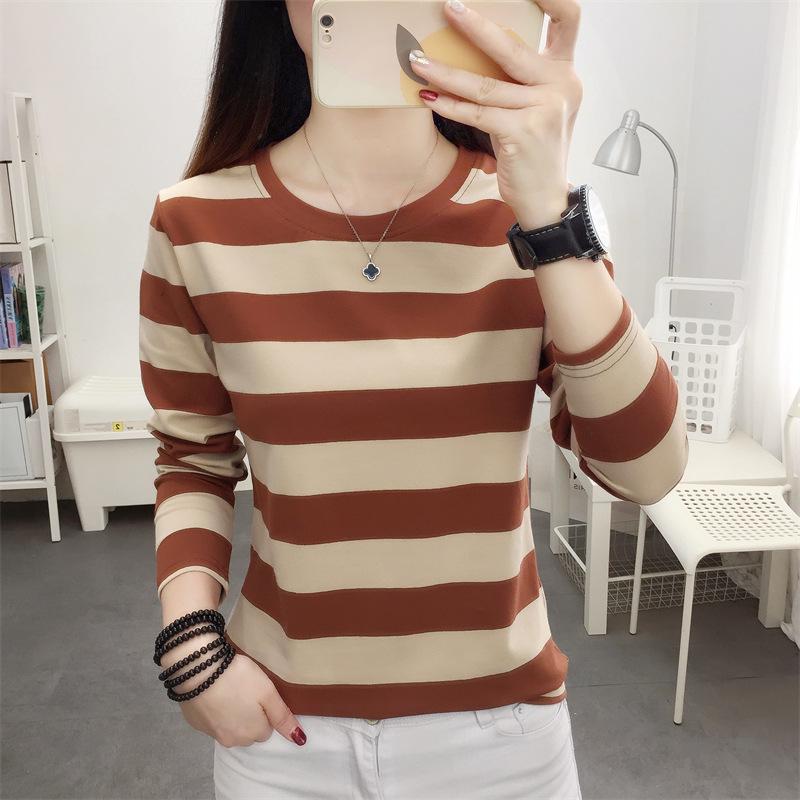 Spring 2024 Korean Oversized Striped Cotton Long-Sleeve Women's T-Shirt