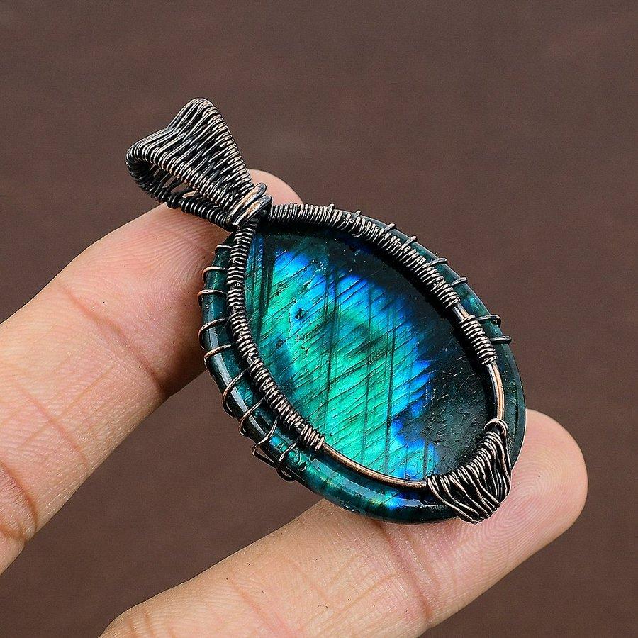 Blue Labradorite Handmade Copper Wire Wrap Jewelry Pendant 2.29" M6i31