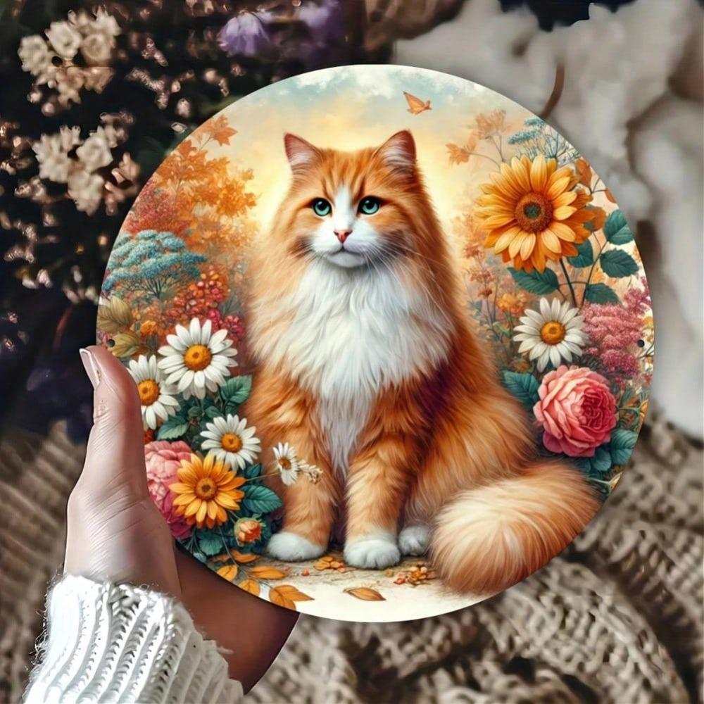 Metal Cat Wall Art Round Wreath Sign Waterproof Home Cafe Decor