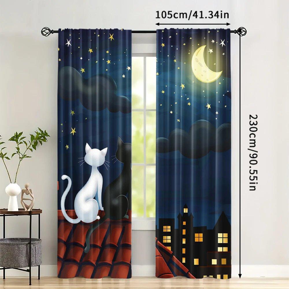 2 Pieces of Cat and Full Moon and Star Printed Curtains On the Roof   Pole Bag Curtains   Home Decoration   Room Decoration