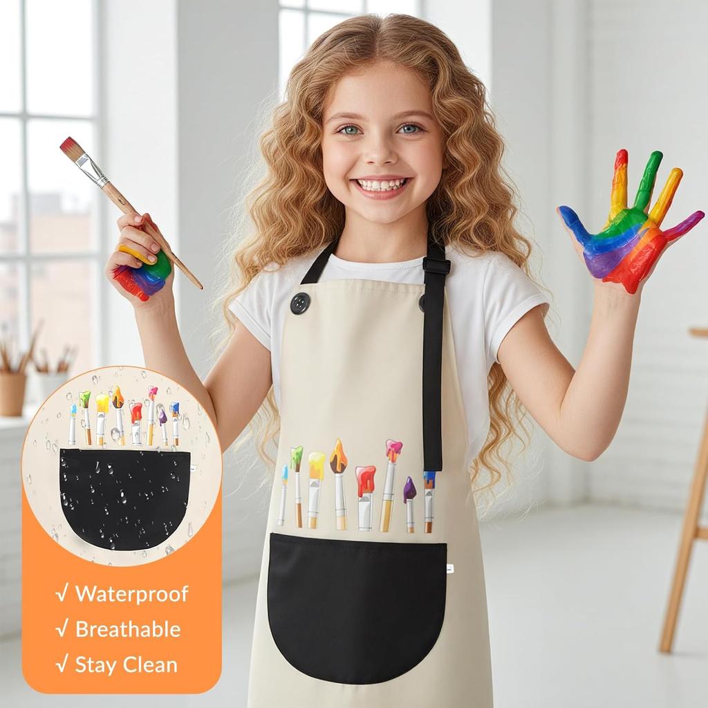 2Pcs Kids Aprons for Cooking, Adjustable Waterproof Painting Apron, Art Aprons with Pockets for Boys Girls Childs Painting Crafting Cooking Baking