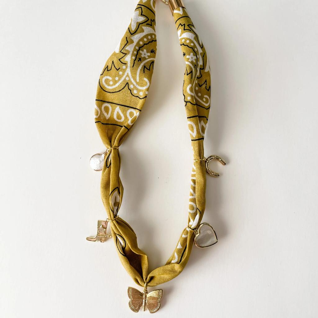 Bohemian Printed Silk Scarf Necklace Retro Metal Love Shell Pendant Cloth Strip Splicing Trendy Jewelry