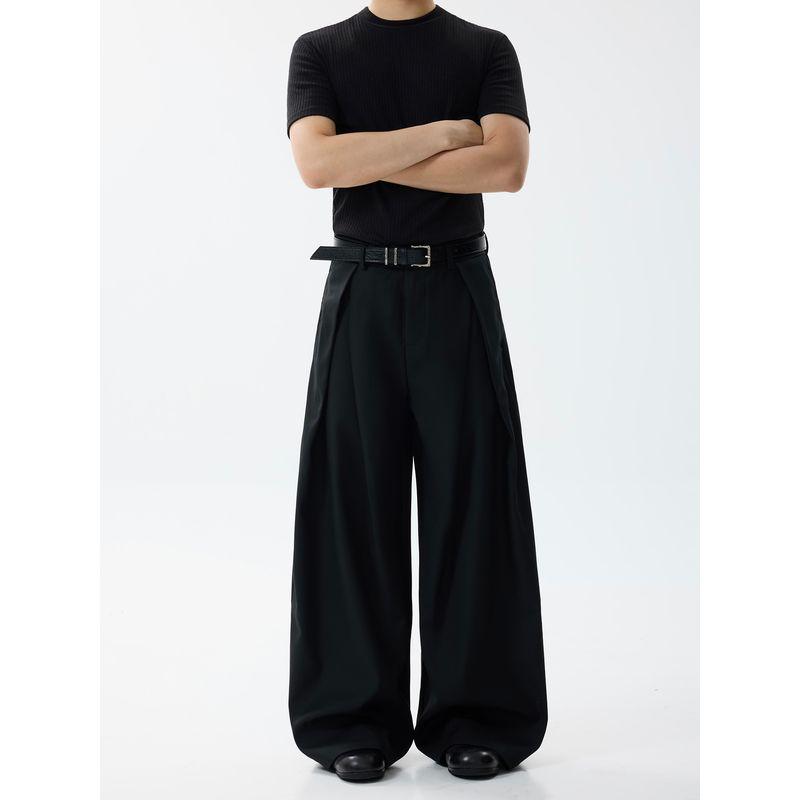 Blaexit Old Money Style A-Line Pleated Dress Pants for Men, Cleanfit Casual Loose Wide-Leg Black Scimitar Trousers
