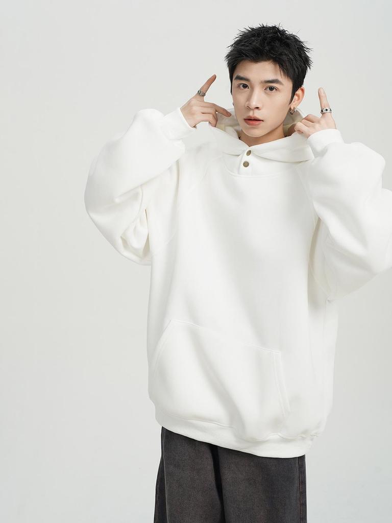 Men’s 500G Heavyweight Button-Up Hoodie: Autumn/Winter Trendy Brand, Loose Fit, Solid Color, Versatile American Style.