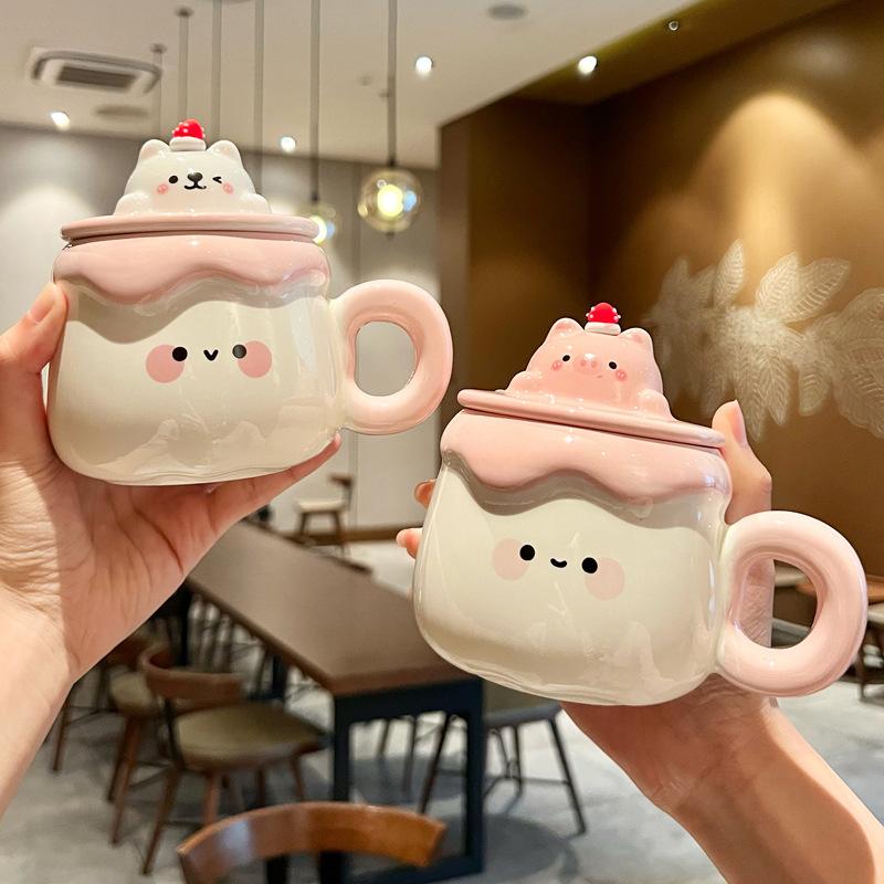 Gift Super Cute Pudding Mug Household Ceramic Water Cup with Lid Spoon Coffee Cup Souvenir