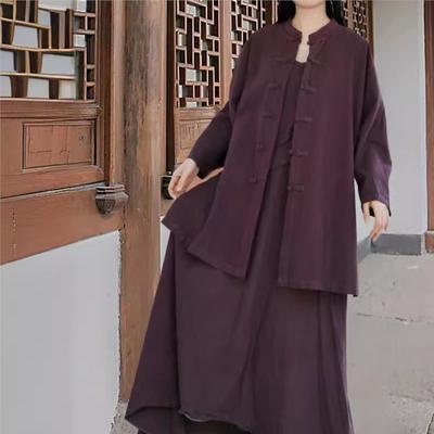 Camicia da donna autunno vintage stile cinese vintage tinta unita con fibbia retrò colletto largo