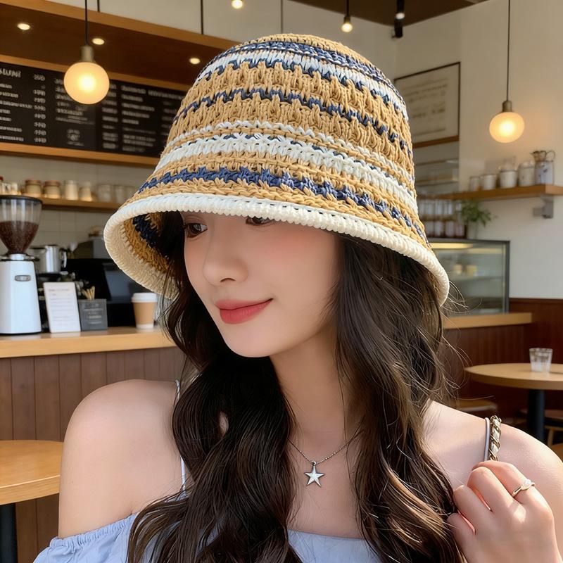 Color knitted hollow breathable bucket hat women's summer outdoor face small sunshade bucket hat women's basin hat
